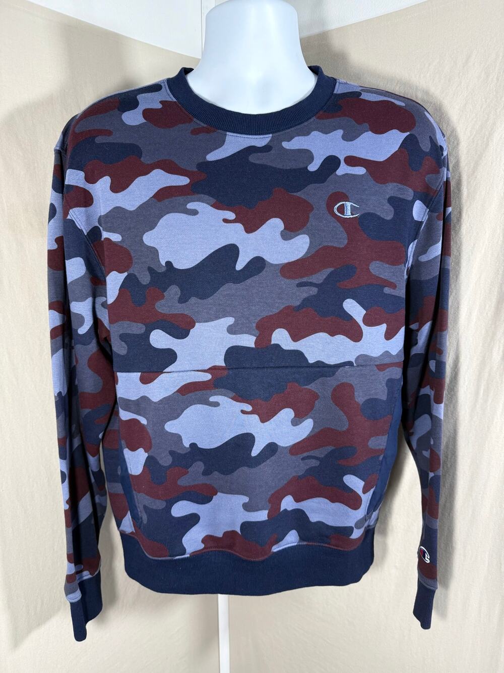Champion Men Small Camo Crewneck Sweatshirt Side Pockets Blue Maroon Camouflage
